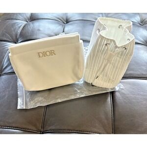Dior Beauty Parfums Lot Of 2 Pouches Limited White Gold & Drawstring Embroidered